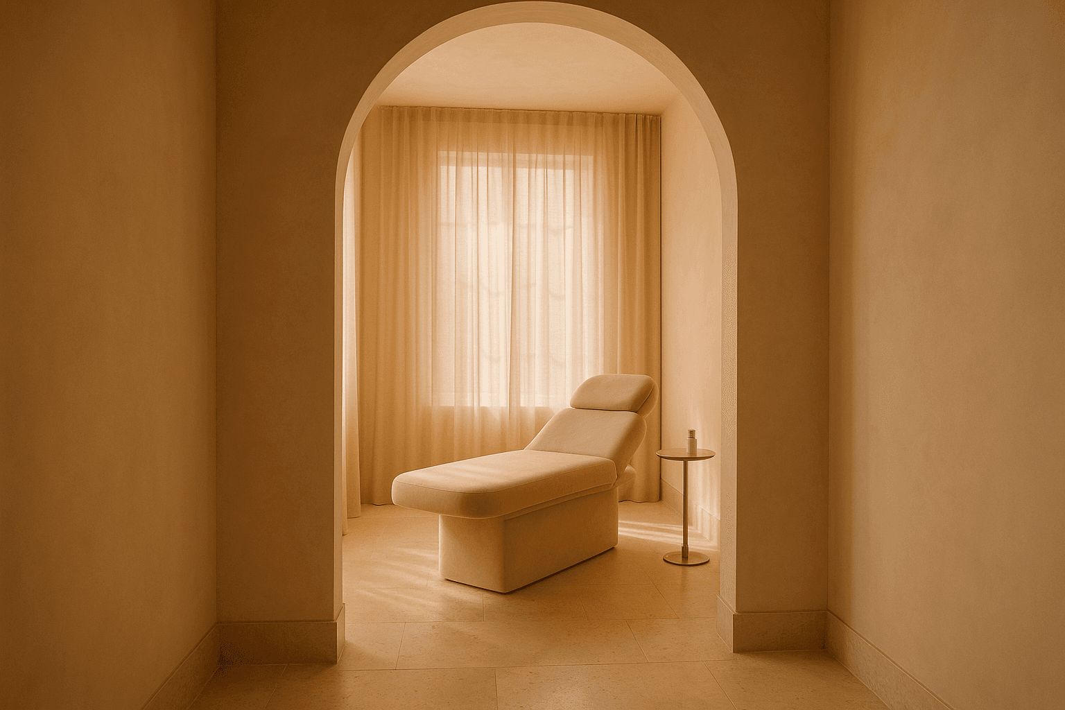 A warm private treatment suite with an arched doorway and soft light