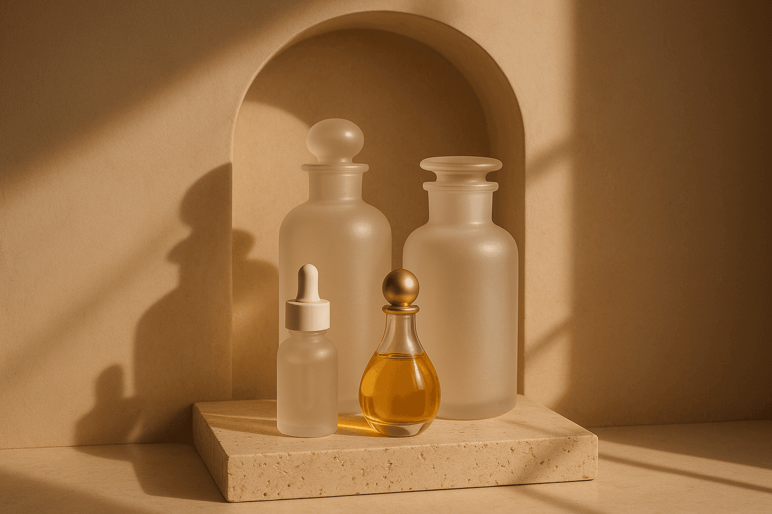 Elegant glass vessels on travertine in warm light